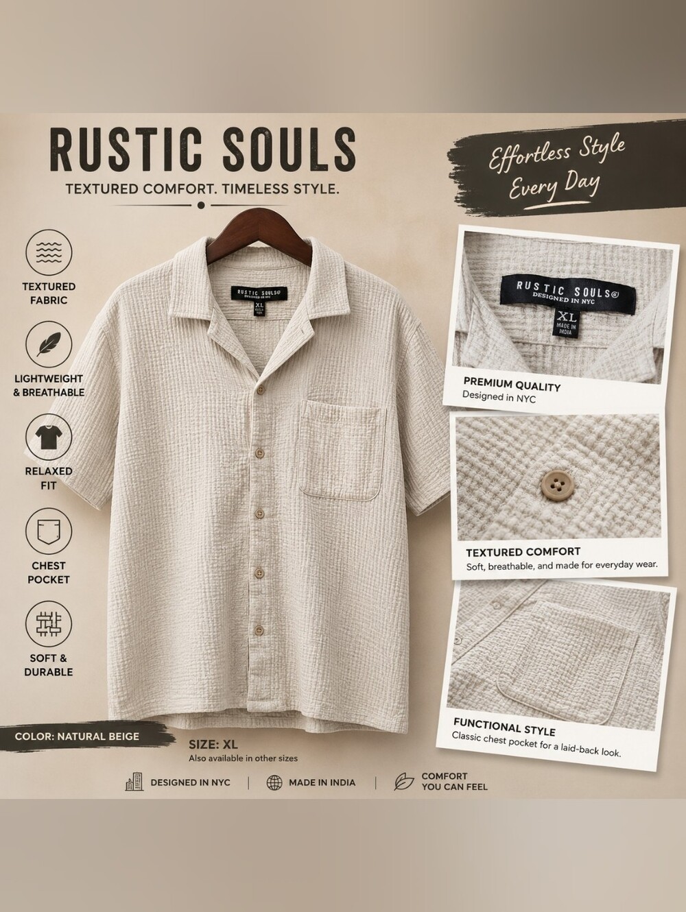 Rustic Souls Men’s Natural Beige Short-Sleeve Button-Down Shirt